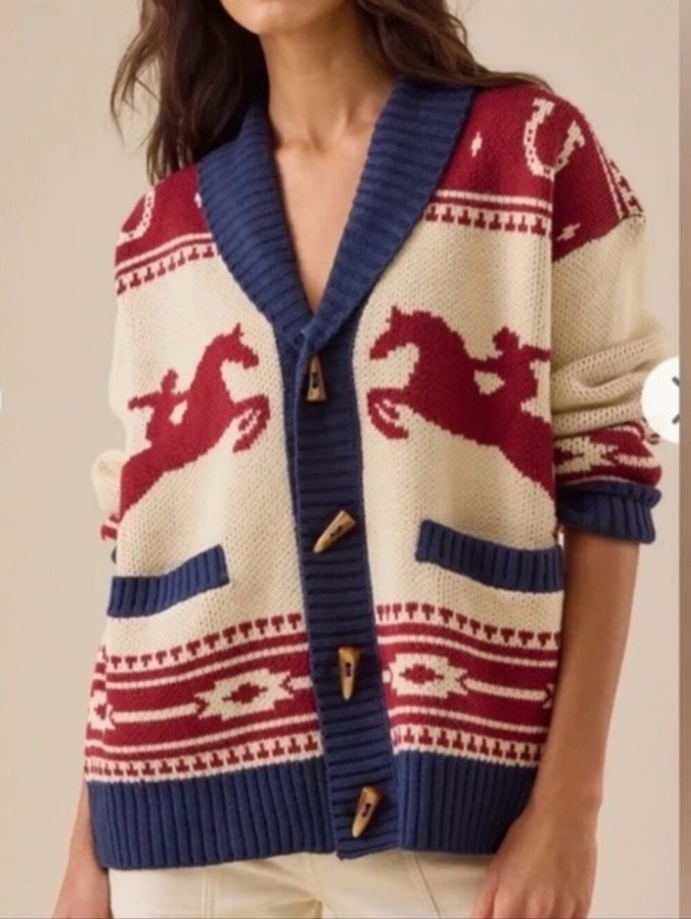 New Altar’d State Cream/Burgundy/Navy Horse Pattern Knit Cardigan Sweater XXS